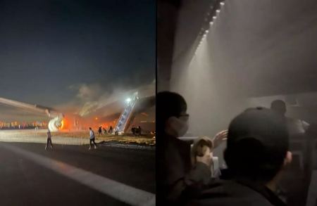 Εικόνες μέσα από το αεροπλάνο με τους 379 επιβαίνοντες την ώρα που είχε τυλιχθεί στις φλόγες στο Τόκιο - Θαύμα πως βγήκαν όλοι σώοι