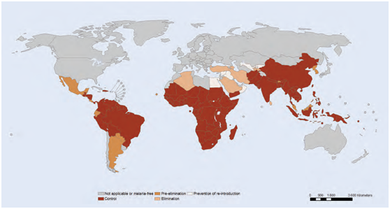 Χάρτης: Παγκόσμια γεωγραφική κατανομή της ελονοσίας  (Πηγή: Παγκόσμιος Οργανισμός Υγείας, 2013. WHO Global Malaria Program)