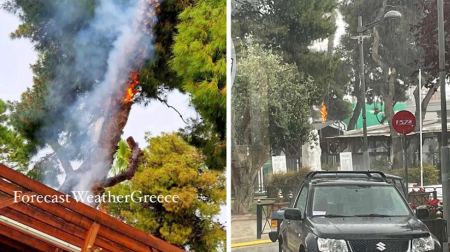 Κεραυνός έπεσε δίπλα σε καφετέρια στο Μαρούσι - Δέντρο άρπαξε φωτιά