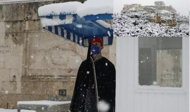 Κακοκαιρία Μήδεια: Η χιονισμένη Ακρόπολη και ο εύζωνας κλέβουν την παράσταση