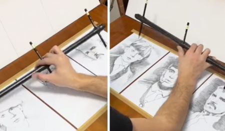 Καλλιτέχνης ζωγραφίζει με το ίδιο χέρι τρία πορτρέτα την ίδια στιγμή