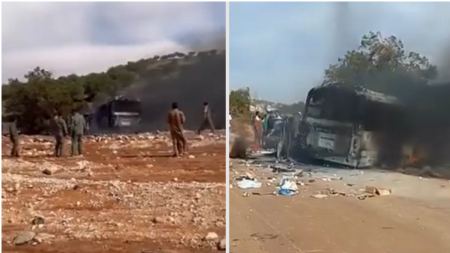 Tο καμένο λεωφορείο μετά το φρικτό δυστύχημα με τους 4 Έλληνες νεκρούς στη Λιβύη (βίντεο)