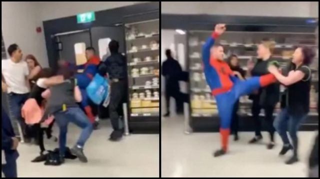 Αδιανόητο ξύλο σε σούπερ μάρκετ: Ντυμένος Spiderman μοίραζε μπουνιές και κλωτσιές