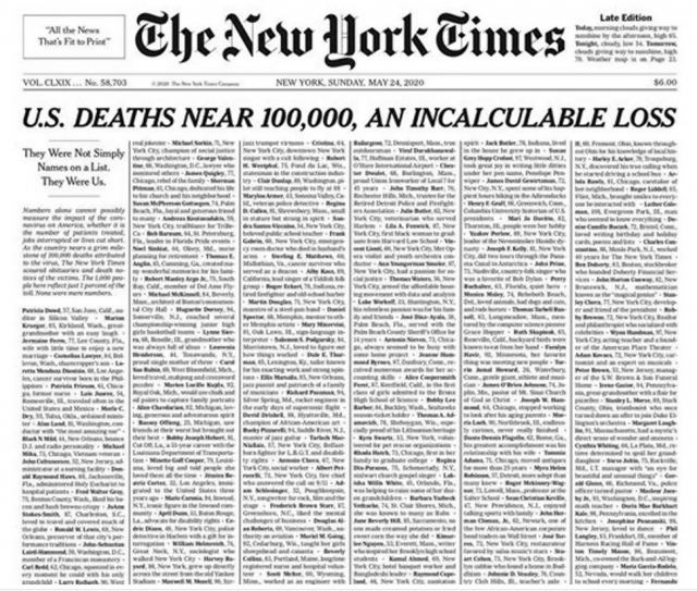 Ανατριχίλα! Πρωτοσέλιδο των New York Times με τα ονόματα των θυμάτων του κορωνοϊού στις ΗΠΑ!