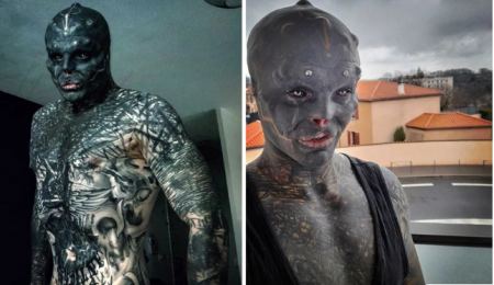 Άντρας γεμάτος τατουάζ αφαίρεσε τη μύτη και το πάνω χείλος για να γίνει «μαύρος εξωγήινος»