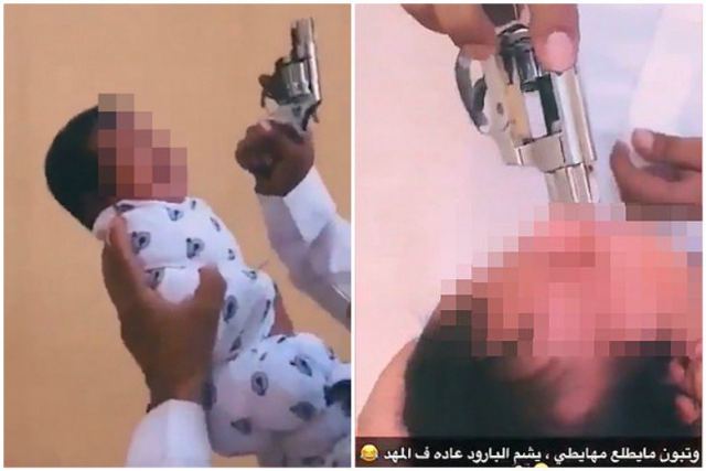 Άνδρας πυροβολεί στον αέρα και βάζει το όπλο στο στόμα ενός νεογέννητου