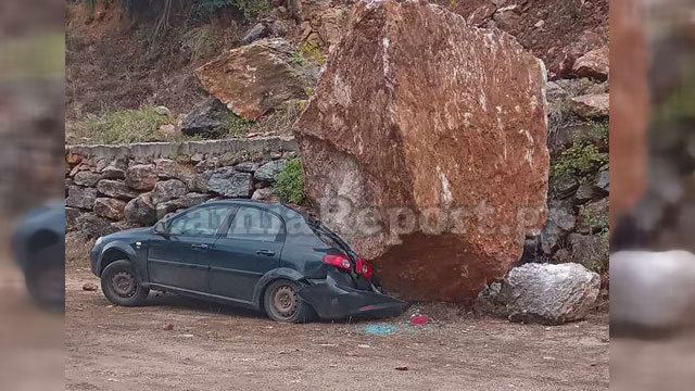 Βράχος καταπλάκωσε αυτοκίνητο σε Μοναστήρι έξω από τη Λαμία (ΦΩΤΟ)