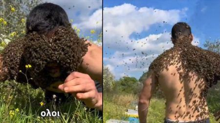 Viral ο μελισσοκόμος από το Αγρίνιο με τις χιλιάδες μέλισσες στο κορμί και το πρόσωπό του: «Το μυστικό είναι...» (BINTEO)