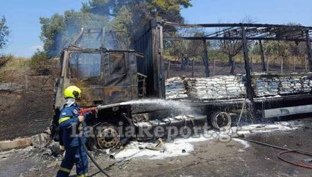 Παρανάλωμα του πυρός έγινε νταλίκα στην εθνική οδό Αθηνών - Λαμίας (ΦΩΤΟ)