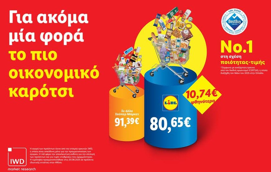 Lidl Ελλάς: Για ακόμα μία φορά, το πιο οικονομικό καρότσι