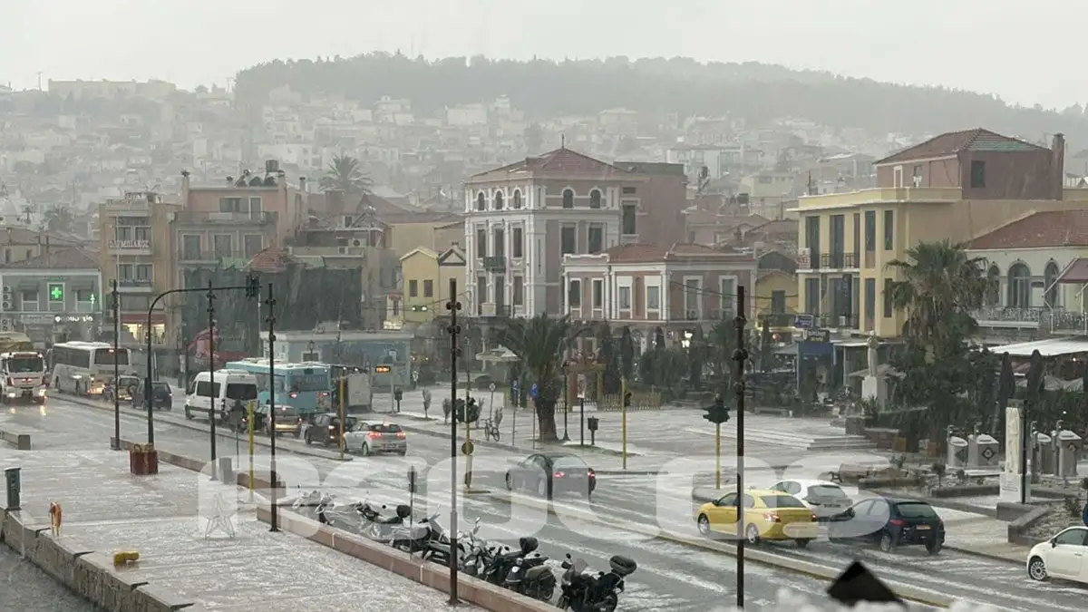Μυτιλήνη: Πλημμύρες και χαλάζι από την κακοκαιρία Adel – Πνίγηκε η πόλη σε λίγα λεπτά