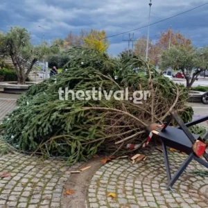Θεσσαλονίκη: Κατέρρευσε το χριστουγεννιάτικο δέντρο μπροστά στο δημαρχείο λόγω ισχυρών ανέμων