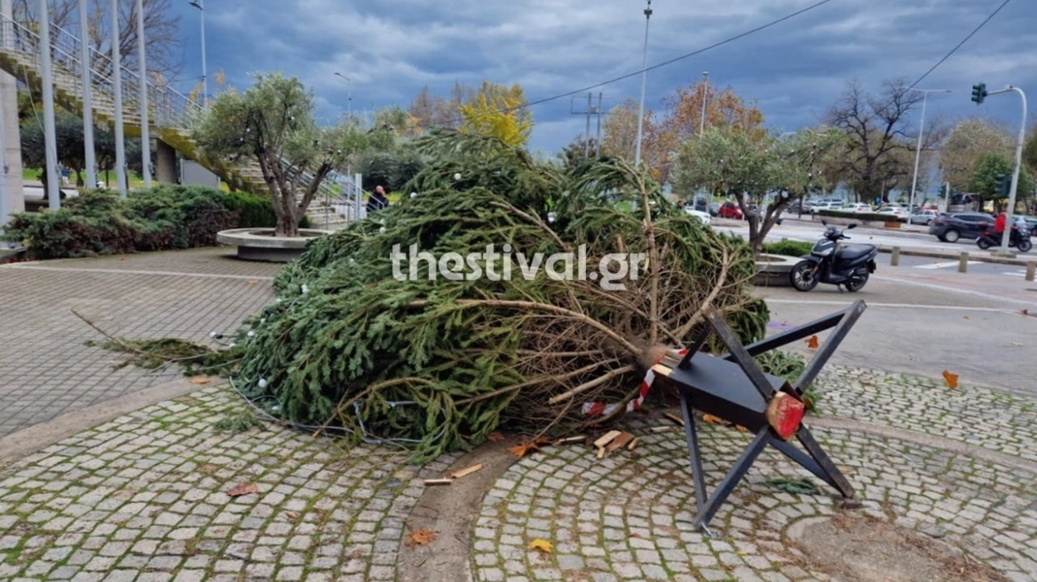 Θεσσαλονίκη: Κατέρρευσε το χριστουγεννιάτικο δέντρο μπροστά στο δημαρχείο λόγω ισχυρών ανέμων