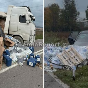 Εκτροπή νταλίκας πριν την έξοδο της Θήβας - Γέμισε το οδόστρωμα τσιμέντα και εξετράπη ΙΧ