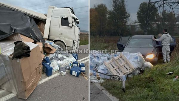 Εκτροπή νταλίκας πριν την έξοδο της Θήβας - Γέμισε το οδόστρωμα τσιμέντα και εξετράπη ΙΧ