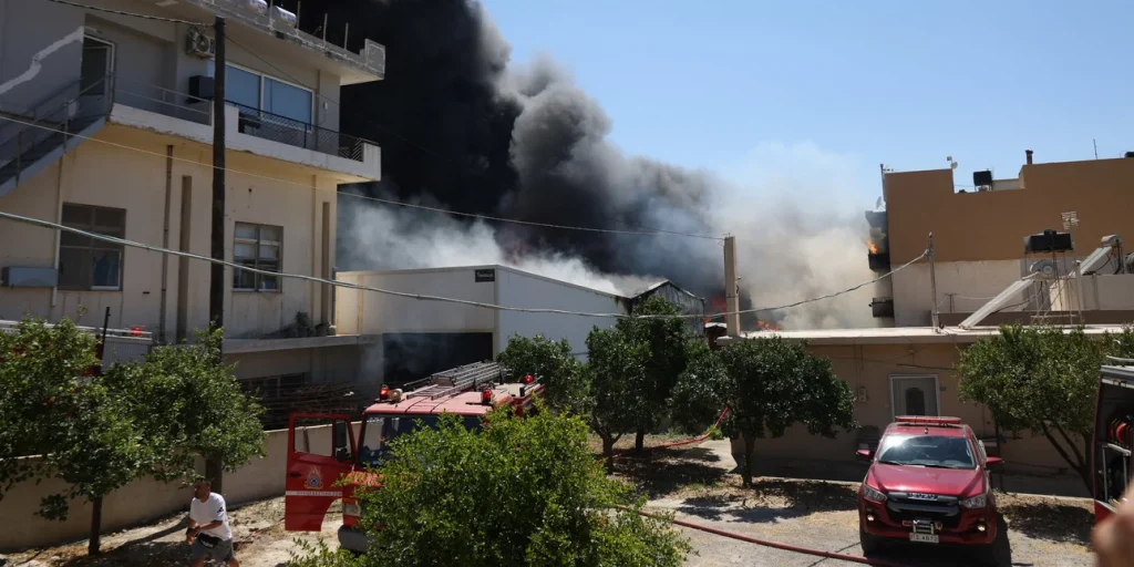 Σε σπίτια οι φλόγες από τη φωτιά στο Ηράκλειο Κρήτης, ξεκίνησε από εργοστάσιο ξυλείας -112 στους κατοίκους για τους καπνούς