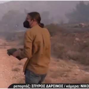 Δημοσιογράφος διέκοψε το live από τη φωτιά στον Κουβαρά για να σώσει χελώνα από τις φλόγες - Δείτε βίντεο