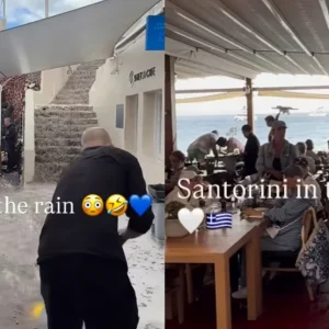Σάλος με βίντεο από τη Σαντορίνη: Πελάτες τρώνε το φαγητό τους ενώ εργαζόμενοι... σκουπίζουν τη βροχή