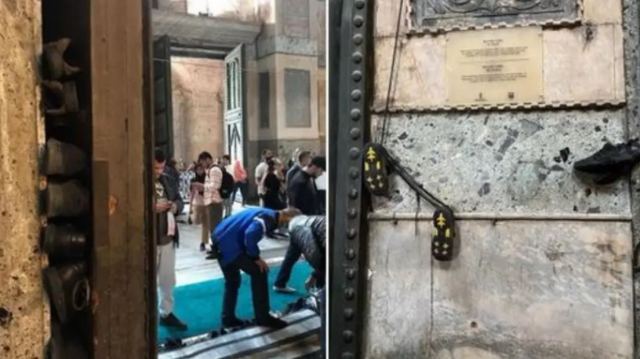 Αγία Σοφία: Νέες εικόνες ντροπής - Βάζουν τα... παπούτσια τους σε εσοχές του ναού!