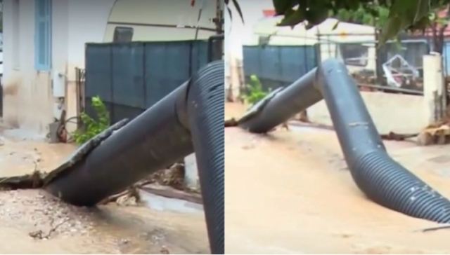 Εικόνες σοκ στον Βόλο: Στην Αγριά «έσκασε» ο δρόμος και βγήκε ο αγωγός έξω