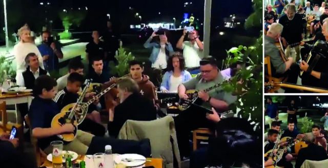 Ο Σταύρος Ξαρχάκος διευθύνει παιδιά με μουσικά όργανα σε ταβέρνα που παίζουν τη Φραγκοσυριανή: «Α ρε μέγιστε»